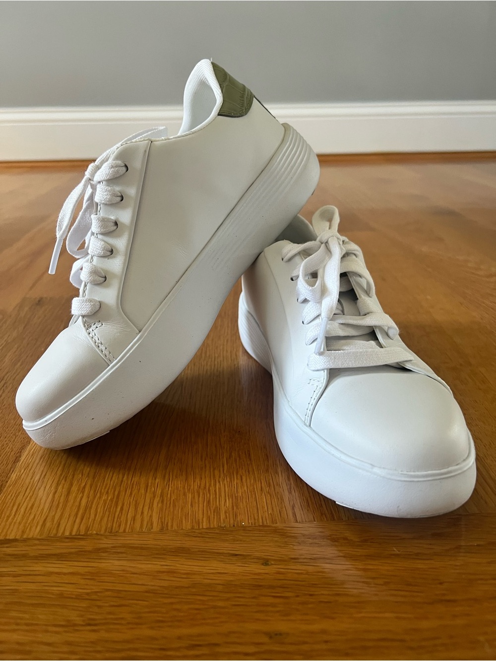 Brand New Cole Haan Women’s White  Sneakers with Olive Heel Accent